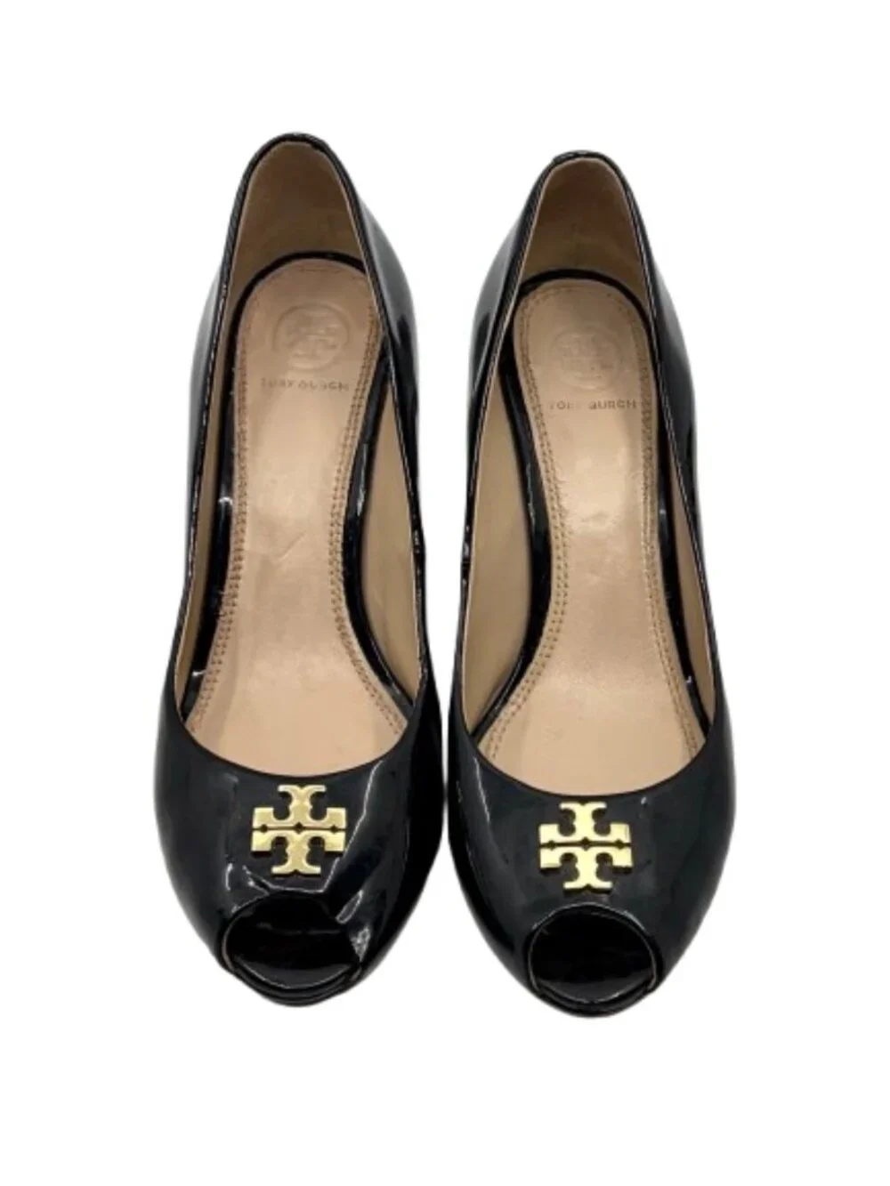 TORY BURCH~Jade Peep Toe Wedge~BLACK PATENT LEATHER PUMPS HEELS SHOES Size 8.5